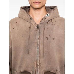 Sudadera con capucha vintage desgastada de gran tamaño con cremallera para hombre, estilo urbano, de forro polar lavado y rasgado, con bolsillos, logotipo personalizado, venta al por mayor - Product Image 4
