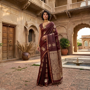 ผ้าส่าหรีผ้าซาตินสีแดงเลือดหมูทอมืออย่างหรูหรา พร้อมขอบปักดิ้นทอง |   ชุดส่าหรีงานแต่งงานแบบดั้งเดิมที่สง่างามสำหรับผู้หญิง - Product Image 4