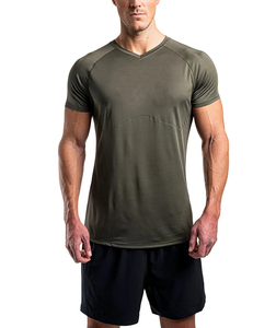 T-shirt de sport pour homme, vert olive, col en V, séchage rapide, manches courtes, coupe ajustée, tricoté en polyester, couleur unie, pour le fitness - Product Image 1