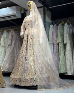 Ensemble de mariage indien pakistanais brodé en polyester, 3 pièces, robe Anarkali formelle longue avec dupatta en tulle pour femmes - Product Image 3