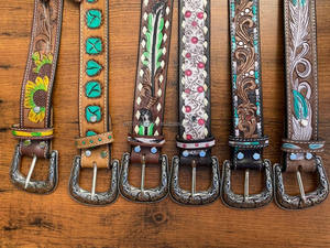 New Arrival Genuine Leather <b>Western</b> Hand Tooled and Hand Painted Floral <b>Belts</b> Real Handmade Tooled Leather Unisex Waist <b>Belts</b> - Product Image 4
