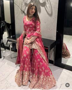 Designer Embroidery Sequence Work <b>Shimmer</b> Silk <b>Top</b> With Sharara Bottom And Dupatta Fully Stitched Ready To Wear Set - Product Image 1