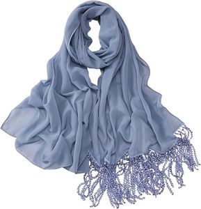 Lightweight Muslim Hijab <b>Chiffon</b> <b>Scarf</b> with Beaded Fringe - Product Image 3