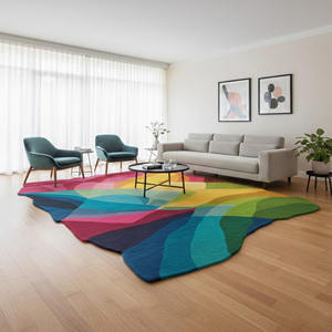Alfombra Contemporánea de Lana de Nueva Zelanda Hecha a Mano, Diseño Abstracto Multicolor con Patrón de Ondas, Base de Látex, Regalo de Año Nuevo - Product Image 4