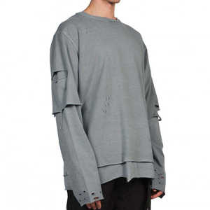 Men's Streetwear <b>Distressed</b> Long Sleeve T-shirt Oversized Ripped Cotton Hip Hop Vintage Washed Gray Pullover Casual Loose <b>Top</b> - Product Image 2