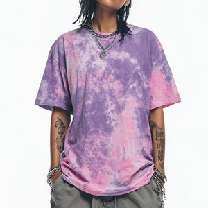 Camiseta Morada de Verano para Mujer, Estilo Urbano, Holgada, con Estampado Tie-Dye, Transpirable, de Algodón, Cuello Redondo, Hombros Caídos y Manga Media - Product Image 4