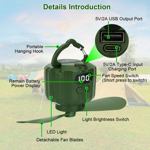 Ventilatore da Soffitto LED Portatile 10400mAh con Batteria USB, Lanterna da Tenda, 3 Velocità di Ventilazione, 3 Livelli di Luminosità, Alimentazione per Campeggio - Product Image 6