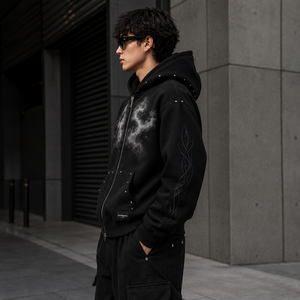 TwillSports Men's Oversized Hooded Zip-Up Fleece Sweatshirt With <b>Galaxy</b> Print And Flame Sleeves Streetwear Style Autumn Wear - Product Image 3