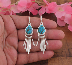 Blue Lace Agate 925 <b>Sterling</b> <b>Silver</b> Vintage Gold Plated Teardrop Fringe Dangle Earrings Tassel Gemstone Anniversary Party - Product Image 3