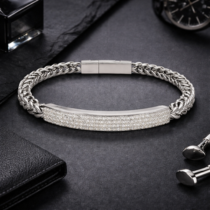 <b>Mens</b> 316L Stainless Steel Pav Bar Cuban Link Bracelet High Polish Silver Tone Diamond Brilliant Cut ID Chain Jewelry Gift - Product Image 3