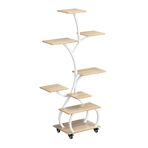 Espositore per Piante a 8 Livelli a Forma di Albero con Luce di Crescita a Spettro Completo, Struttura in Metallo Bianco, Ruote Bloccabili, Ripiano in Legno - Product Image 4