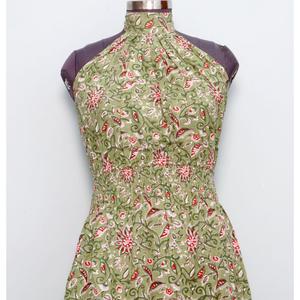 Beautiful Modern Bohemian Floral Print O-Neck Knee-Length Cotton A-Line Dress Block Printed Summer Party Spring Summer - Product Image 3