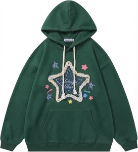 Sweat-shirt à capuche vert surdimensionné avec broderie étoile, unisexe, décontracté, avec poche et logo sur le devant, coupe-vent et respirant - Product Image 1