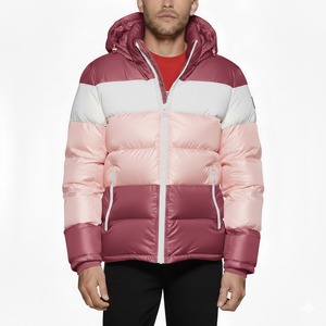 Chaqueta Acolchada con Capucha para Hombre, Diseño Color Block, Cortavientos, Gruesa, Invernal, Casual, Cierre de Cremallera, Corte Regular, Verde Blanco, Poliéster - Product Image 4