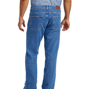 Jean en denim délavé coupe droite taille haute pour homme 100 % coton décontracté bleu avec braguette boutonnée en toile mi-lourde - Product Image 2