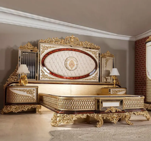 Ensemble de chambre à coucher de style français, design baroque de luxe, en bois de mahogany massif, taille king, meubles sculptés à la main, capitonnés, avec rangement, personnalisable - Product Image 2