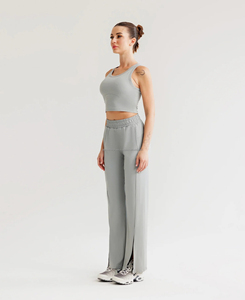 Ensemble de yoga sportif pour femmes, 2 pièces, veste taille haute longueur genou, motif uni, séchage rapide, respirant, tissu Spandex/Nylon, logo frontal - Product Image 2