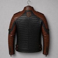 Blouson de moto en cuir véritable pour homme, motif crocodile embossé, marron noir, col montant, coupe ajustée, coupe-vent, fermeture éclair