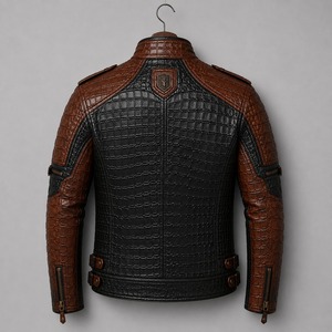 Blouson de moto en cuir véritable pour homme, motif crocodile embossé, marron noir, col montant, coupe ajustée, coupe-vent, fermeture éclair - Product Image 2