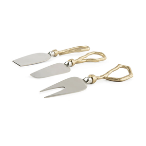 Juego de utensilios para queso de acero inoxidable y latón con mango de diseño de hoja, espátula para queso y mantequilla, cuchillo para queso blando y duro, y sets de mantequilla. - Product Image 4