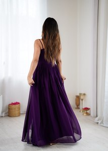 Vestido de Noche Morado Bordado con Tirantes Finos, Vestido Largo Floral Estilo Bollywood para Fiesta, para Mujer - Product Image 5