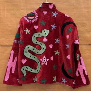 Luxury Red Velvet Embroidered Suzani <b>Jacket</b> With Snake Heart <b>Star</b> Pattern Stand Collar Boho Full Sleeve Autumn Outerwear - Product Image 4