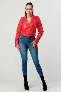 <b>Red</b> PU Leather Moto Jacket Slim Fit Turn-down Collar Zipper Closure <b>Belted</b> Short Length Solid Color Autumn Style - Product Image 2