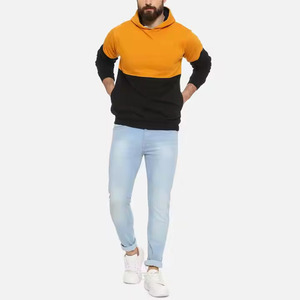 <b>Men's</b> Color Blocking Hooded <b>Sweatshirt</b> Regular Fit Knitted Casual Autumn Style <b>Orange</b> Black Long Sleeve Pullover - Product Image 3