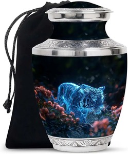Urne funéraire noire avec motif de tigre bleu et bordure argentée, urne commémorative pour cendres humaines adulte, urne haut de gamme - Product Image 1