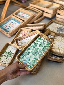 Premium Shell Inlay Rattan Tray Set: Rectangular & Round Mother of Pearl Plates | Unique Corporate Gifts for VIP Clients - Product Image 5