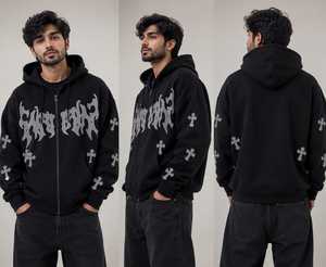 OEM Unisex Custom Y2K Heavyweight Full Zip <b>Hoodie</b> Puff Screen Printing Winter <b>Gothic</b> Fleece Sweatshirt 420g Fabric Streetwear - Product Image 2