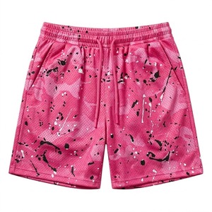 Shorts de sport décontractés pour hommes, rose, imprimé gouttelettes, séchage rapide, en mesh, avec cordon de serrage - Product Image 1