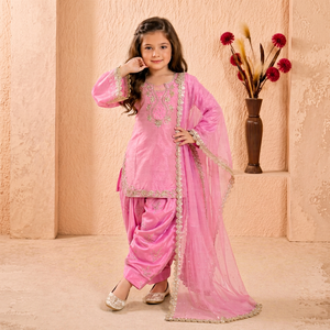 Girls <b>Pink</b> Traditional <b>Salwar</b> <b>Kameez</b> Set With Embroidery Work For Indian Pakistani Style Wedding Wear - Product Image 1