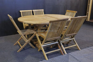 Teak Wood <b>Outdoor</b> <b>Dining</b> Set with 6 Pcs Foldable Chairs and 1 Round <b>Extending</b> <b>Table</b> Modern Minimalist Design for Garden Use - Product Image 1