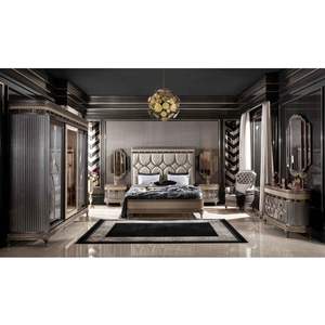 Juego de Dormitorio de Lujo de Madera de Teca Sólida Estilo Mid-Century Antiguo con Cama King Size Tallada en Oro, Mesitas de Noche y Tocador para Uso Hotelero - Product Image 1