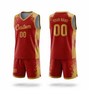 Conjunto de Camiseta de Baloncesto Personalizada Roja y Dorada, Cuello en V, Sin Mangas, Malla Transpirable de Poliéster, Unisex, para Adultos, Todas las Temporadas, Transferencia Térmica Frontal - Product Image 1