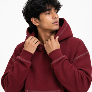 Burgundy Fleece <b>Tracksuit</b> Set 2PC Oversized Hoodie Wide Leg Sweatpants Contrast <b>Stitching</b> High Street Men Clothing Manufacturer - Product Image 4