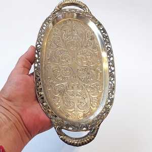 Vintage Silverplate Metal Serving <b>Tray</b> with Handles <b>Small</b> Oval Ornate Floral Design Vanity Decor - Product Image 2