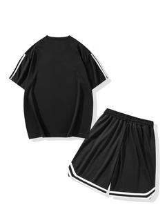 Men Solid Black Summer Breathable Crew Neck T-Shirt Set Knitted Short Sleeve Casual Shorts <b>White</b> Stripe Trim Polyester/Cotton - Product Image 2