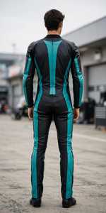 Men Leather Motorcycle Racing Suit <b>Black</b> Teal Color Blocked Full Sleeve <b>One</b> Piece <b>Bodysuit</b> - Product Image 2