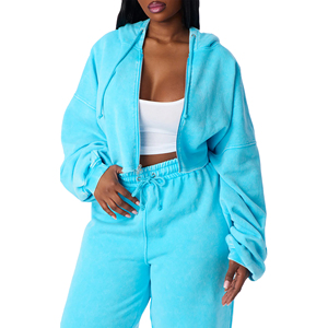 Conjunto de chándal para mujer con top corto con capucha y pantalones de corte holgado, con estampado Aqua Color y lavado ácido, hombros caídos, 100% algodón, forro polar y sudadera con capucha con cremallera - Product Image 1