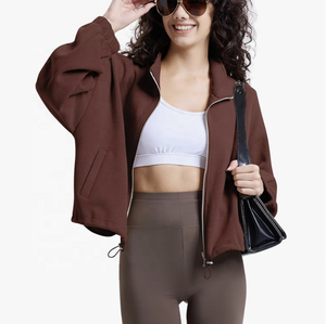 Sudadera de cuello alto de manga larga para mujer con cremallera y capucha corta Chaqueta informal con cuello levantado para Otoño e Invierno - Product Image 1