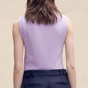 Women's Purple Cable Knit Sleeveless <b>Vest</b> Crew Neck 100% Wool Hand Knitted <b>Crop</b> Length Minimalist Autumn Italy Made - Product Image 3