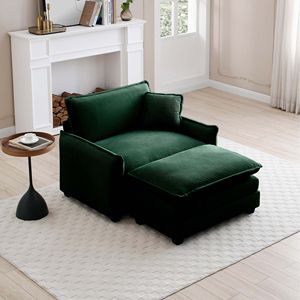 Divano singolo profondo in corduroy verde con poggiapiedi e un cuscino per soggiorno e camera da letto, ideale per diverse occasioni - Product Image 1