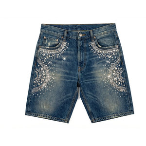Jean décontracté pour homme, style streetwear, coupe droite ample, délavé vintage, effet usé, avec strass, en denim, anti-plis, fermeture éclair - Product Image 4
