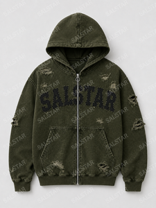เสื้อแจ็คเก็ตฮู้ดดี้ยีนส์สีเขียวมะกอกสไตล์วินเทจสำหรับผู้ชาย  แบบซิป  ไซส์ใหญ่  สกรีนโลโก้ได้  สตรีทแวร์ลำลอง - Product Image 3