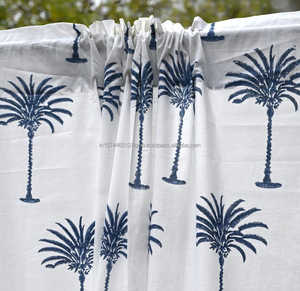 Custom Boho Palm Tree Hand Block Printed Cotton <b>Curtains</b> & Valances for Windows & Doors - Product Image 1