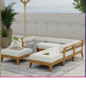 Ensemble de canapés d'extérieur en teck avec cadre sculpté, coussins moelleux et ottoman assorti, collection contemporaine pour salon de patio - Product Image 1