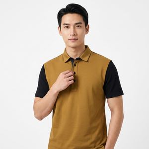 เสื้อเชิ้ตผู้ชายทรงปกติ แห้งเร็ว แขนสั้น ผ้าถัก ดีไซน์เรียบง่าย ติดกระดุมด้านหน้า สีมัสตาร์ด กรมท่า - Product Image 5