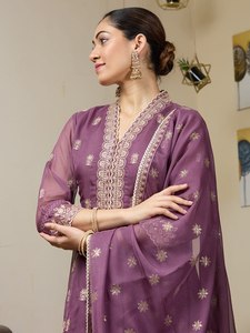 Purple Rayon Ankle-Length <b>Kurti</b> with Embroidery Traditional <b>Indian</b>-Pakistani Women's Casual Wear Loose Fit Dress - Product Image 2